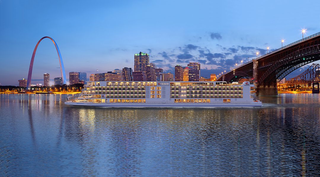 Rendering of the Viking Mississippi river cruise ship with the St. Louis arch.