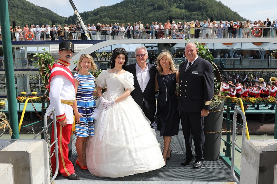 Photo of Samantha Brown, celebrity travel personality, and the AmaWaterways staff for the christening of the AmaMagna river cruise ship.