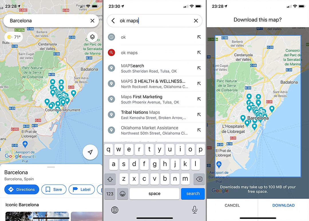 Three screen views of Google Maps and how to download a map to be available offline. 