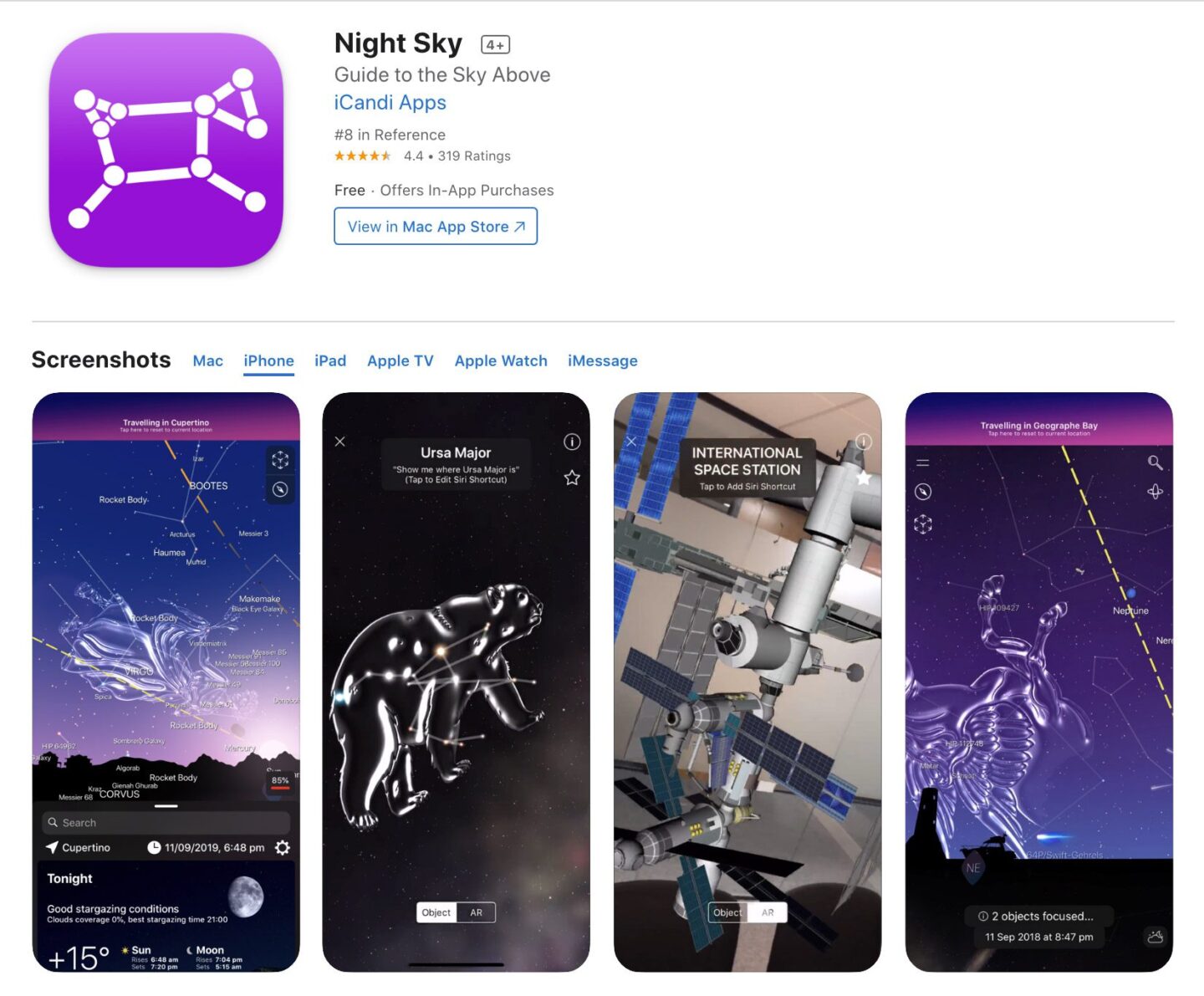 Screenshot of the Night Sky app from the iOS app store.