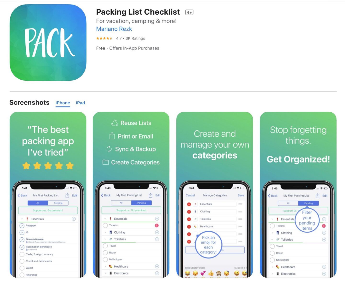 Screenshot of the Packing List Checklist Maps app from the iOS app store.