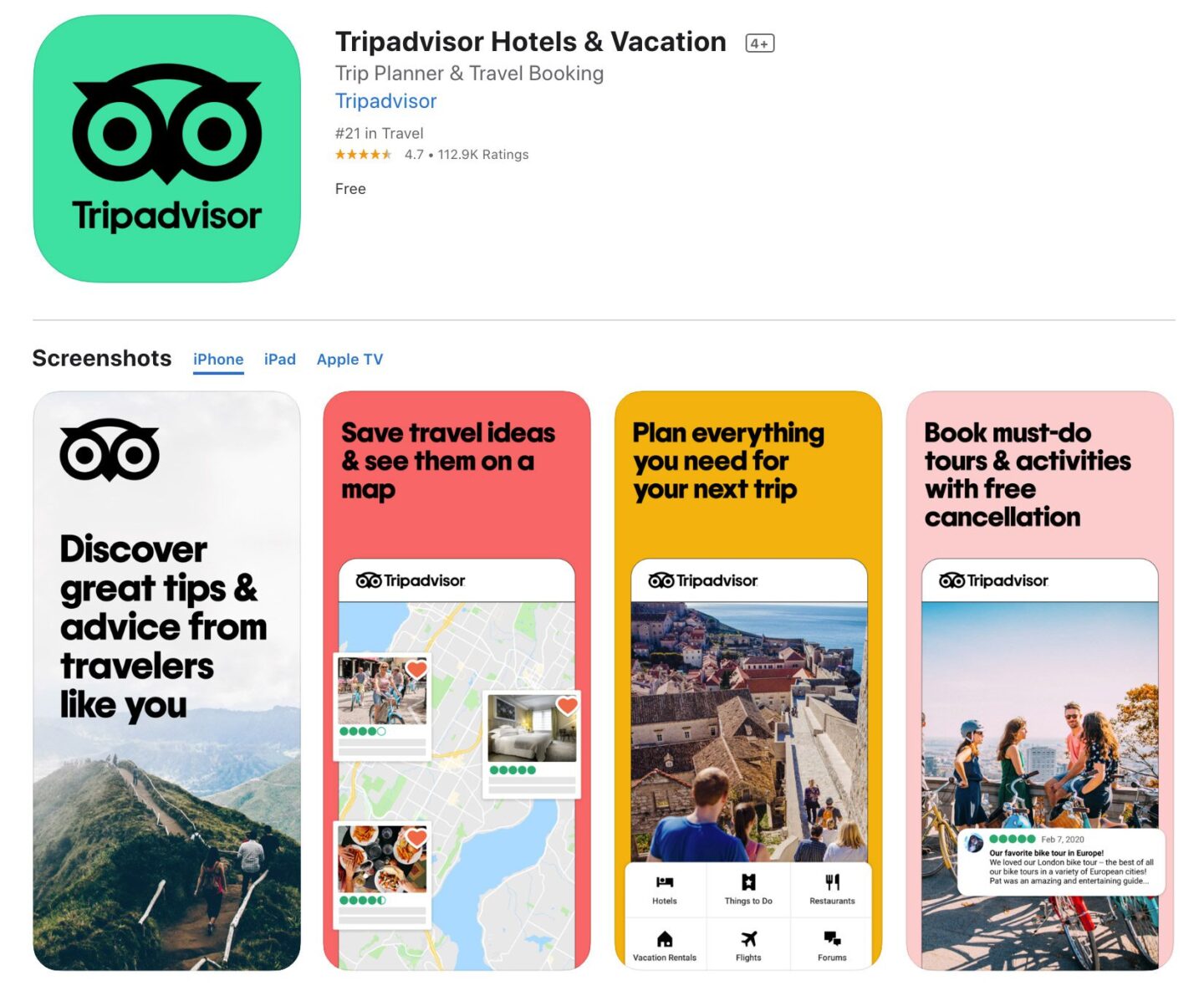 Screenshot of the TripAdvisor app from the iOS app store.