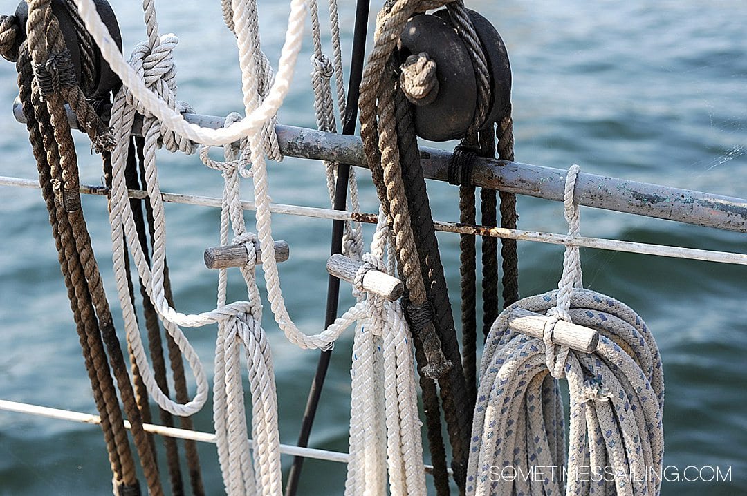 Photo of the lines or ropes on a sailing ship for a post about cruise ship terms.