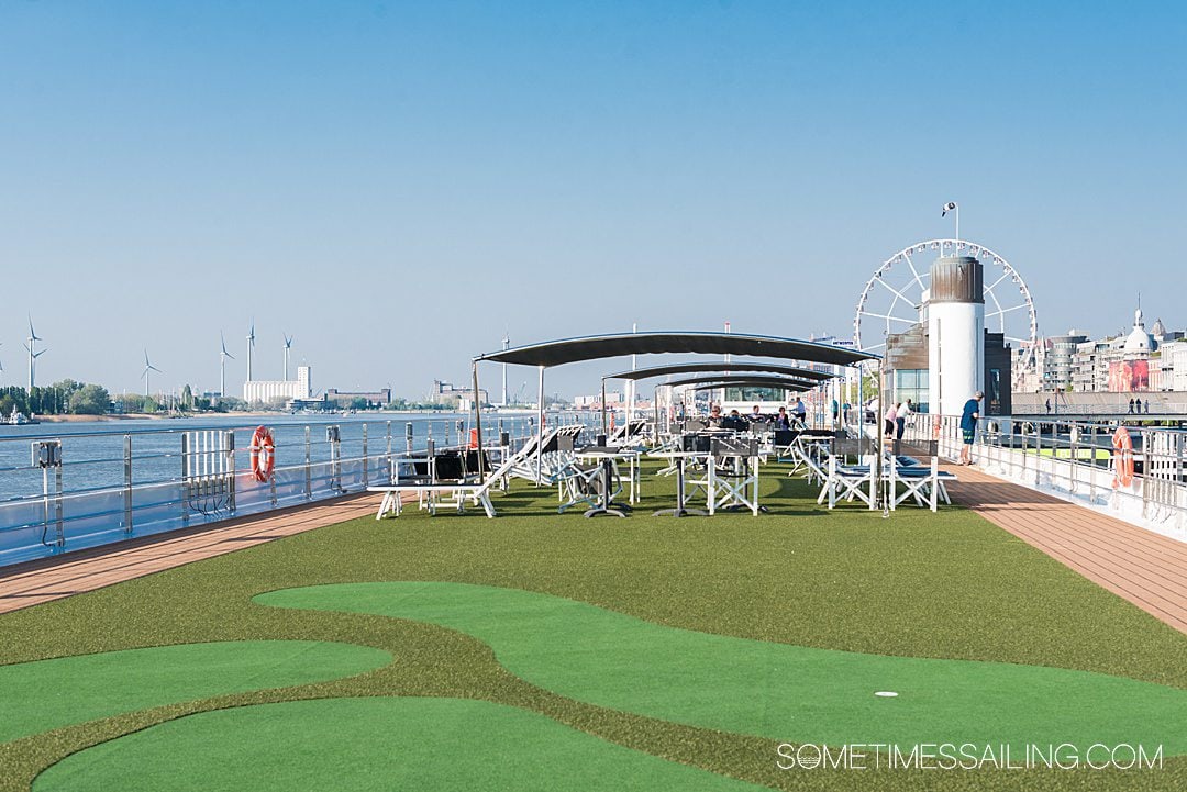 Putting green on the top deck of a river cruise ship, on Emerald Cruises.
