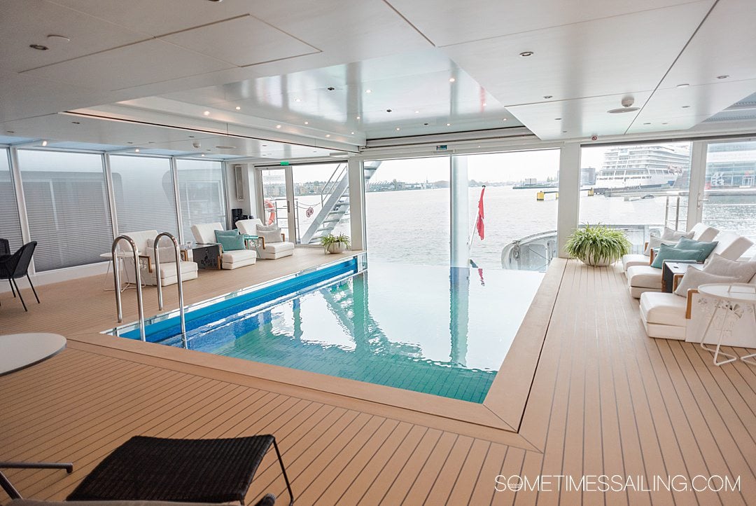 Emerald Waterways river cruise ship indoor pool with retractable roof.