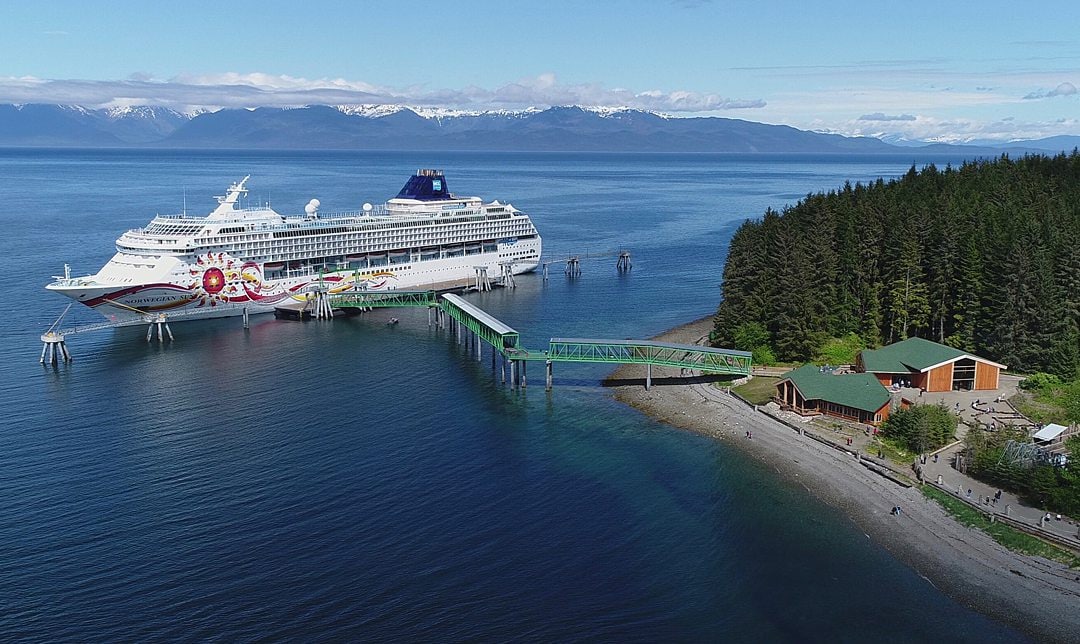 View of a cruise ship on the berth of Icy Strait Point in Hoonah, Alaska