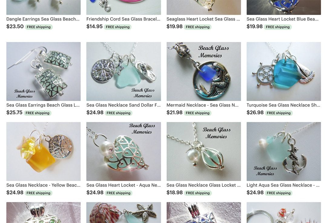 Grid of an Etsy store with beach glass jewelry and pearl charms.