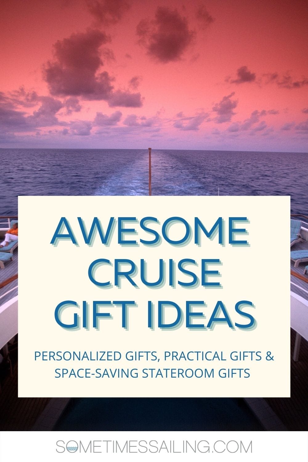 Cruise gift ideas Pinterest image with a blue block and text and photo of a pink and purple sunset above a cruise ship