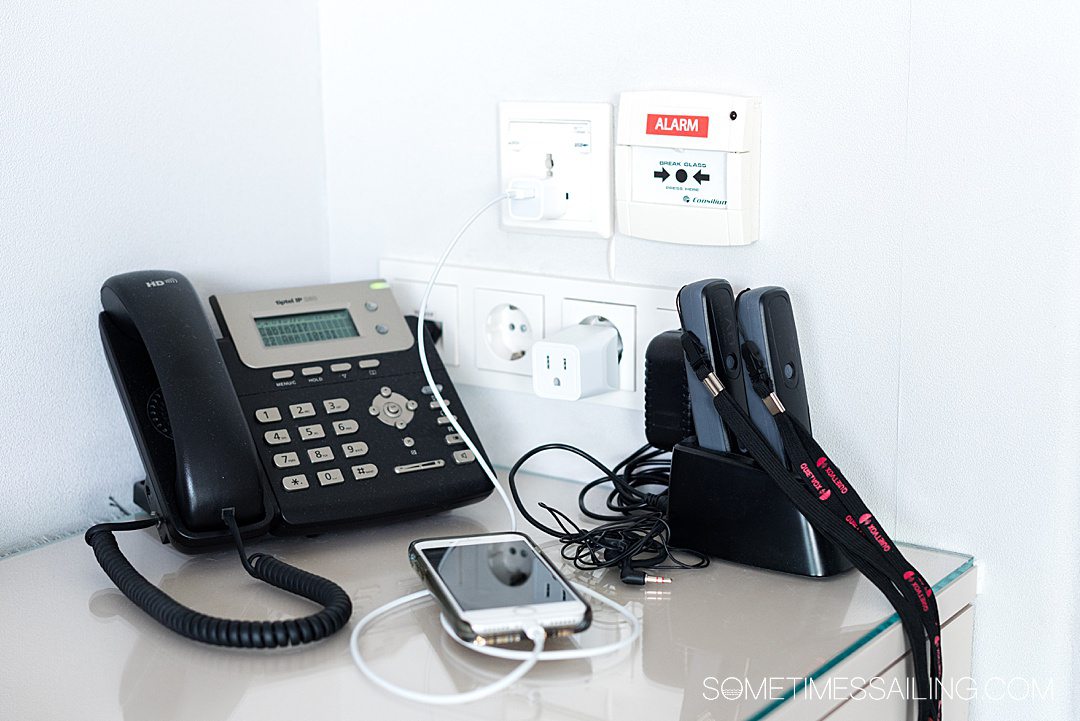 Outlets in an Emerald Waterways cruise ship stateroom. 