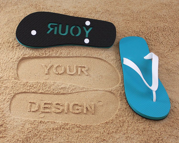 Flip flops with personalized bottoms to stamp in the beach sand for cruise gift ideas. 