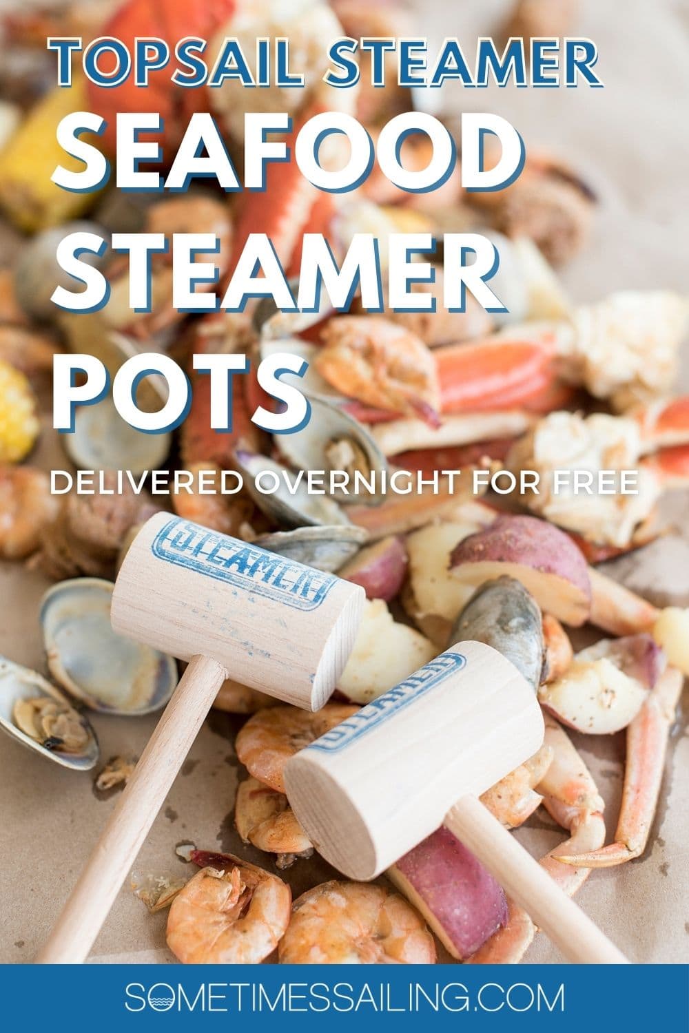 Pinterest image for Topsail Steamer with a seafood photo behind the text.