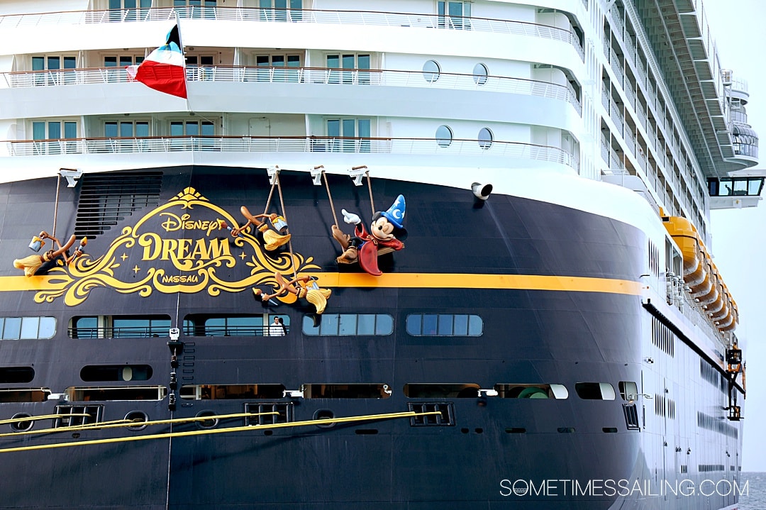 The back of the Disney Dream Cruise ship with Sorcerer Mickey on the back.