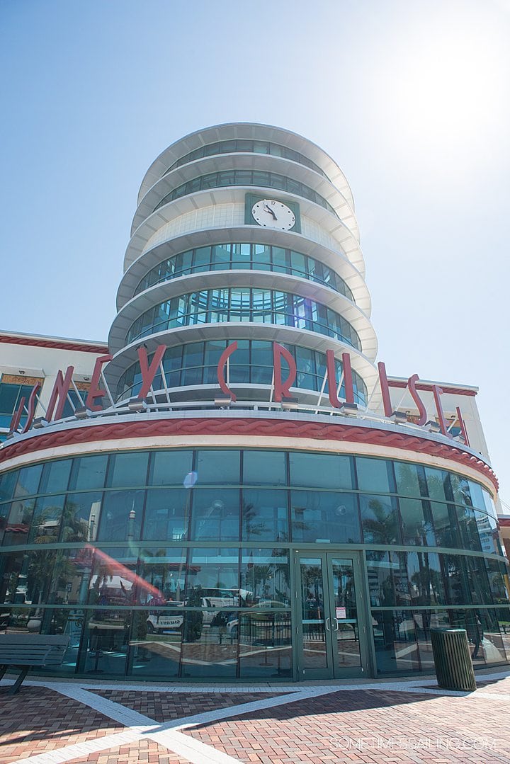 Disney Cruise Line terminal in Port Canaveral with art deco letters.