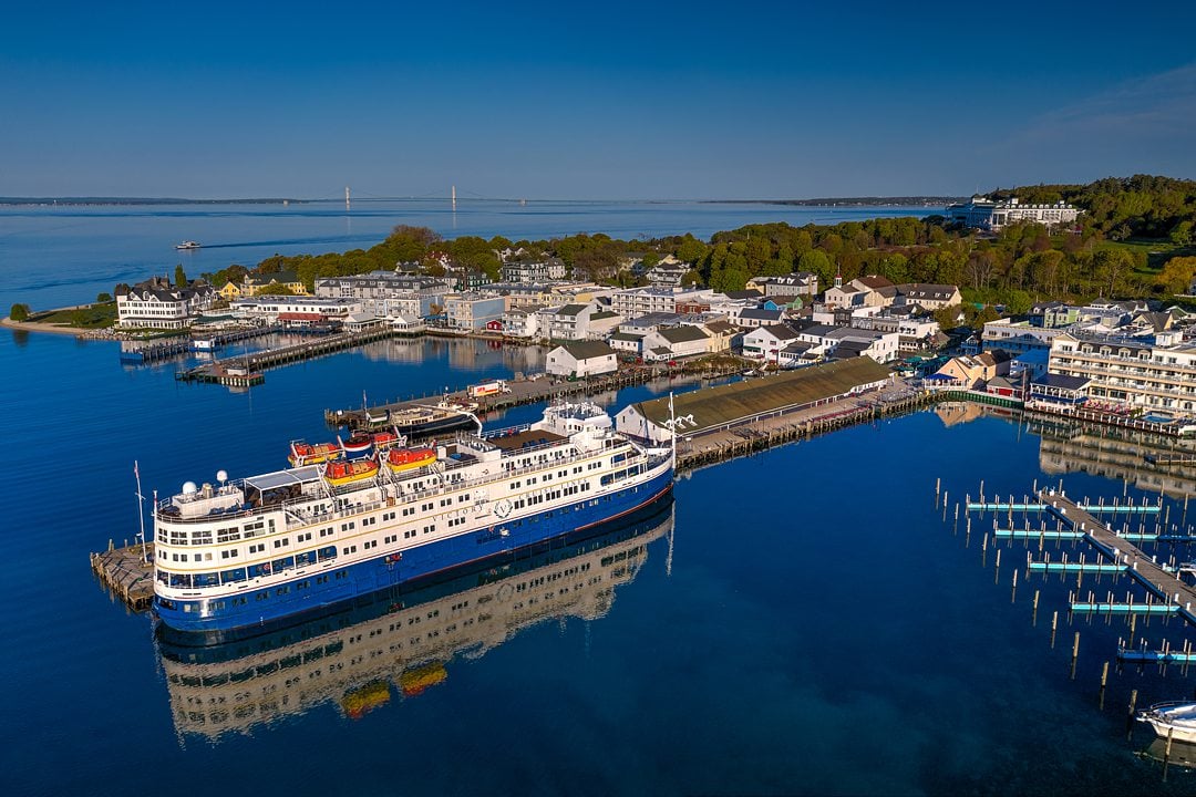 Victory I cruise ship, a Great Lakes Cruise, in port at Mackinac Island in Michigan.