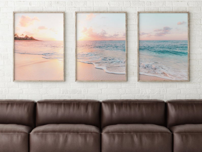 Triptych ocean print in three frames from MelodyArtDecor on Etsy.
