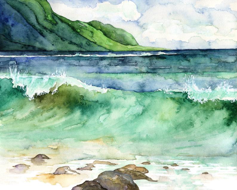 Hawaii watercolor from Etsy shop TheColorfulCat for Ocean art for your home.