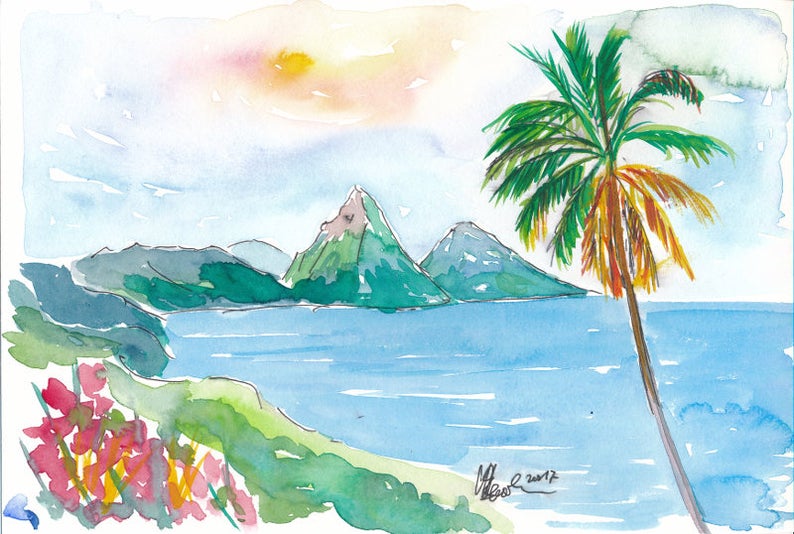 Watercolor art of St. Lucia and the Pitons on Etsy.