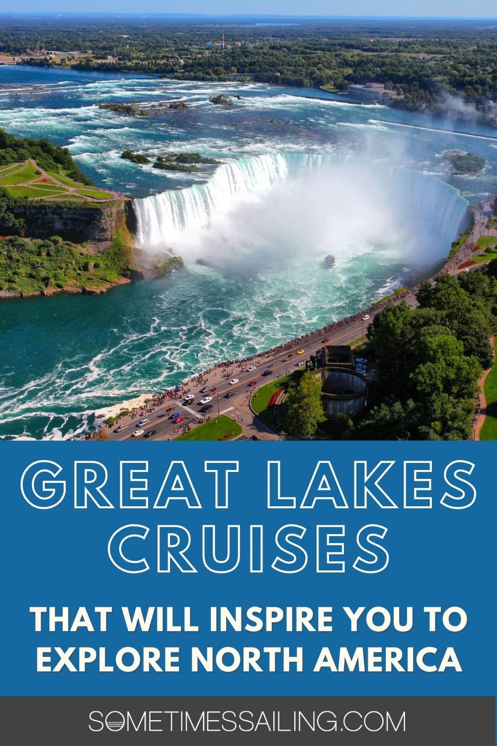 Great Lakes Cruises Pinterest image with a photo of Niagara Falls.