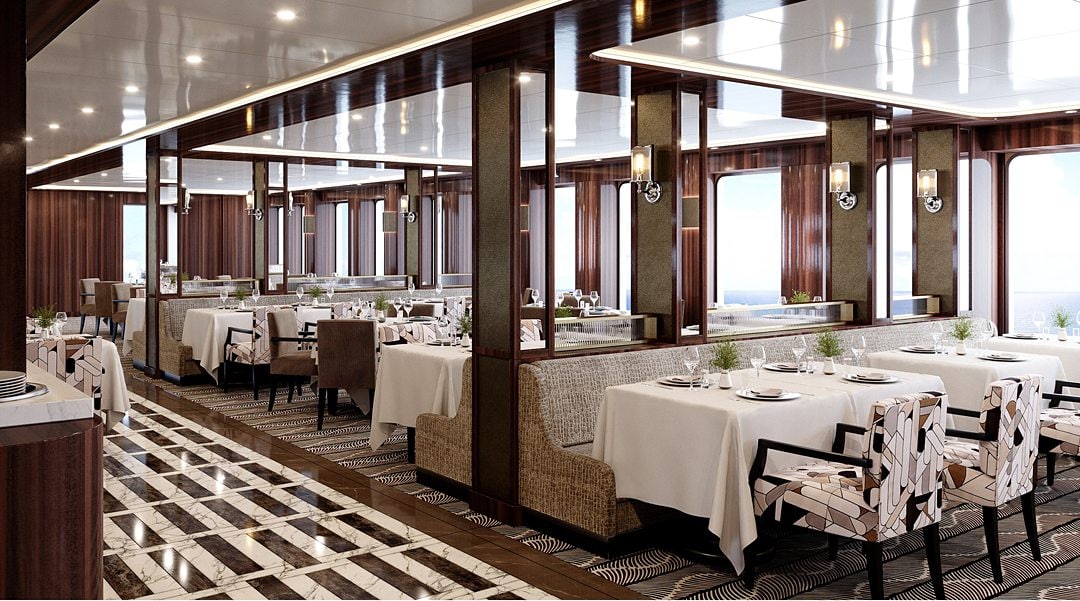 Dining area aboard the World Navigator, a luxury cruise ship, part of Atlas Ocean Voyages.