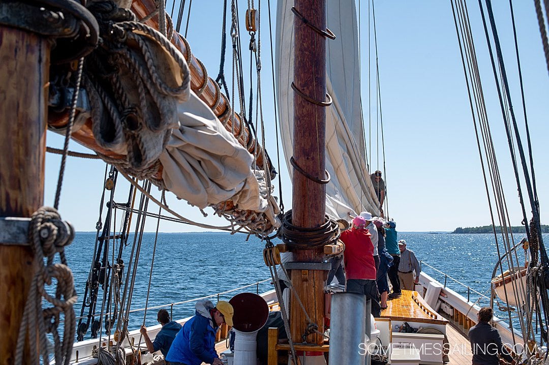 Blue skies and water for Maine cruising along the coast, on a historic schooner with a mast and two sails in the picture.