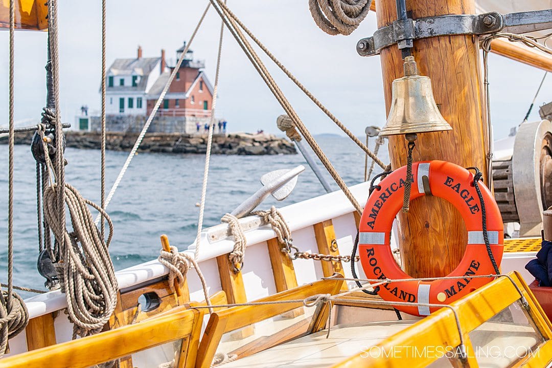 The top deck of American Eagle schooner that sails from Rockland Maine, indicated on the orange lifesaver in the photo.