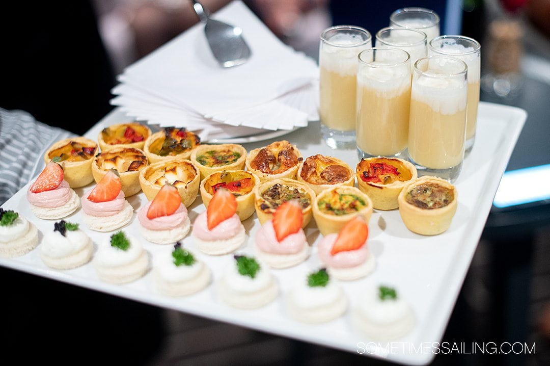 Plate of canapés and small hors d'oeuvres on Emerald Destiny river cruise ship, showcasing some of the food onboard.