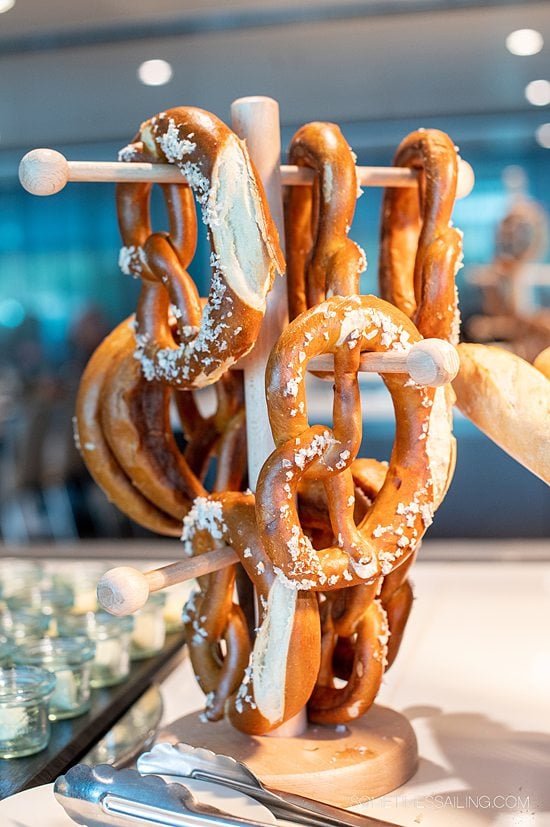 Emerald Destiny river cruise food with a tower of soft pretzels for an Austrian food lunch onboard.