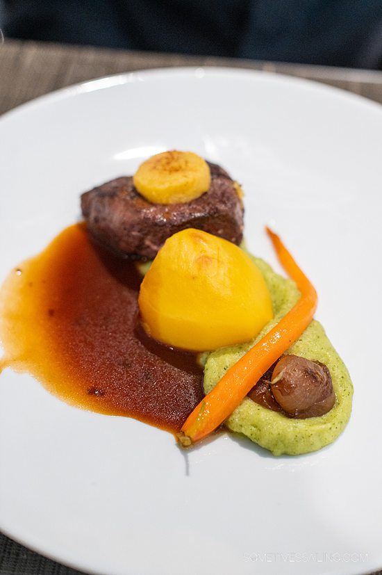 Entree of meat and potatoes, with a carrot and veggie puree on Emerald Destiny for a river cruise food entree option.