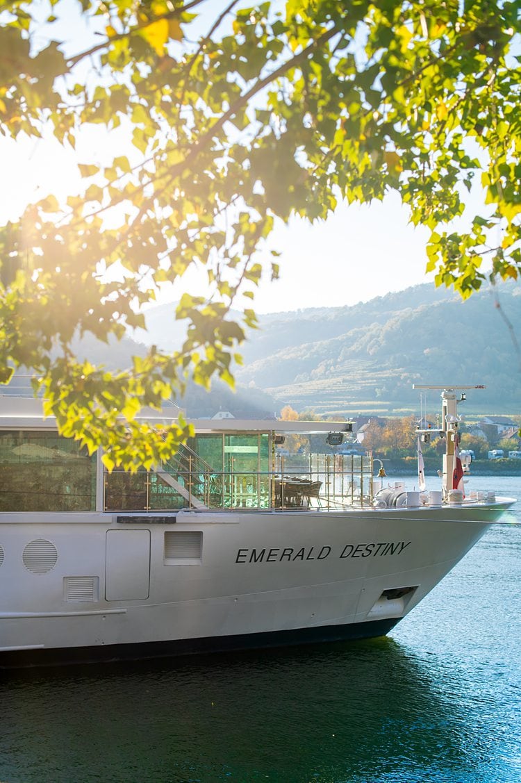 Front of Emerald Destiny cruise ship during golden hour during fall in Europe.