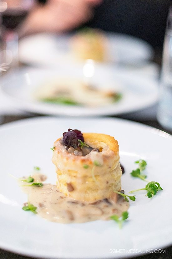 Circular puff pastry filled with mushrooms on a Danube River cruise aboard Emerald Destiny.