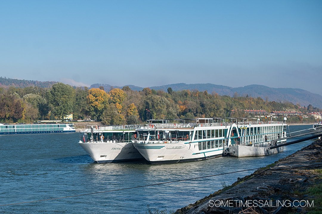 Two cruise ships docked next to one another, which is interesting to learn they do the first time on a river cruise.