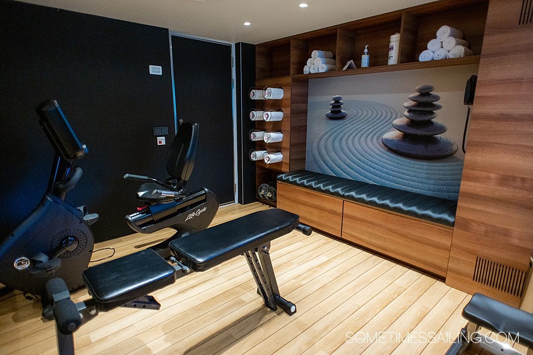 Small gym with two piece of equipment and towels in the background on Emerald Destiny river cruise ship.