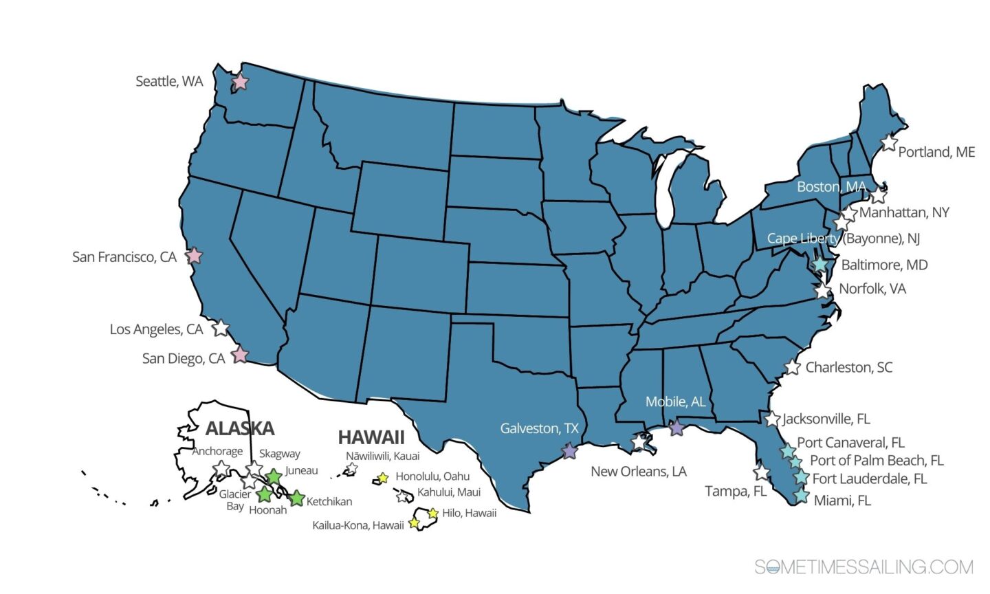 Cruise port map of United States cruise ports.