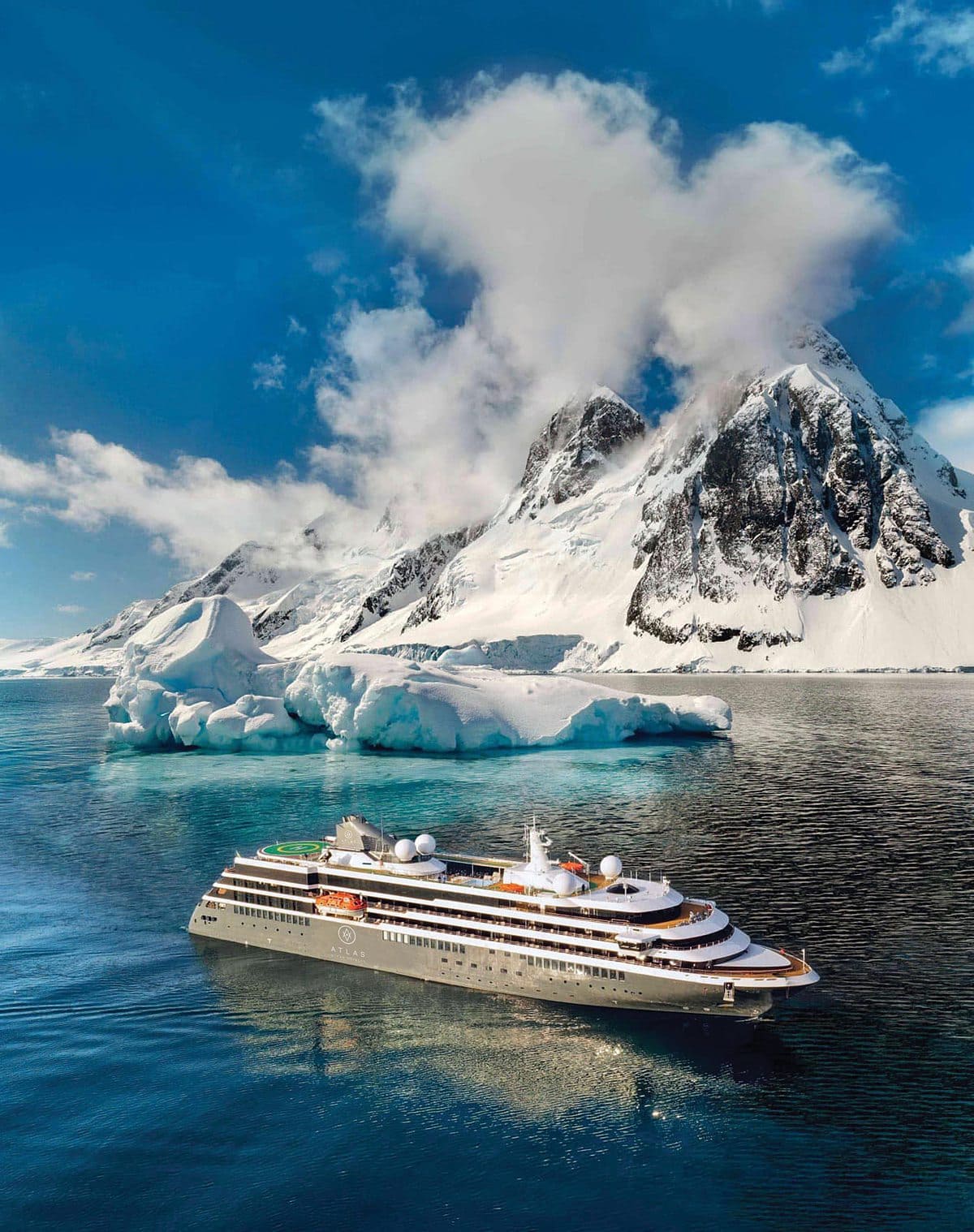 Atlas Ocean Voyages World Navigator ship in Antarctica. 