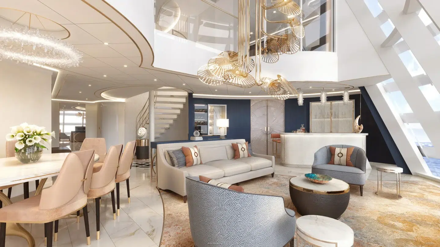 Disney Wish 2-floor tower suite rendering with neutral colors and pops of blue for Disney Cruise Line.