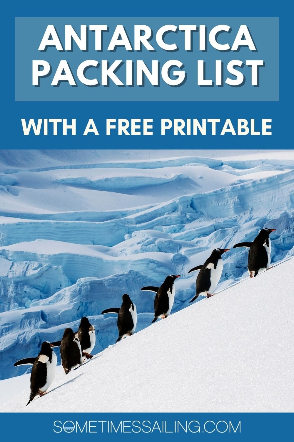 Clothing for Antarctica, with a packing list and free printable and image of penguins going up a hill.