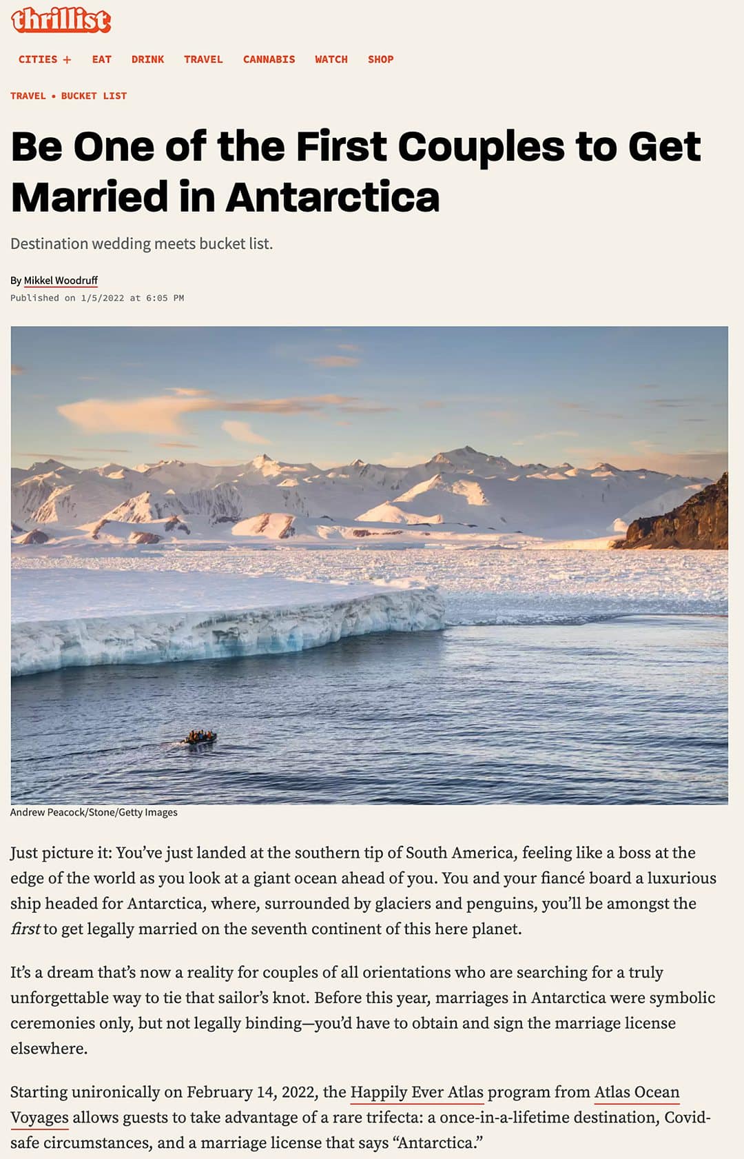 Thrillist article to Be One of the First Couples to Get Married in Antarctica.