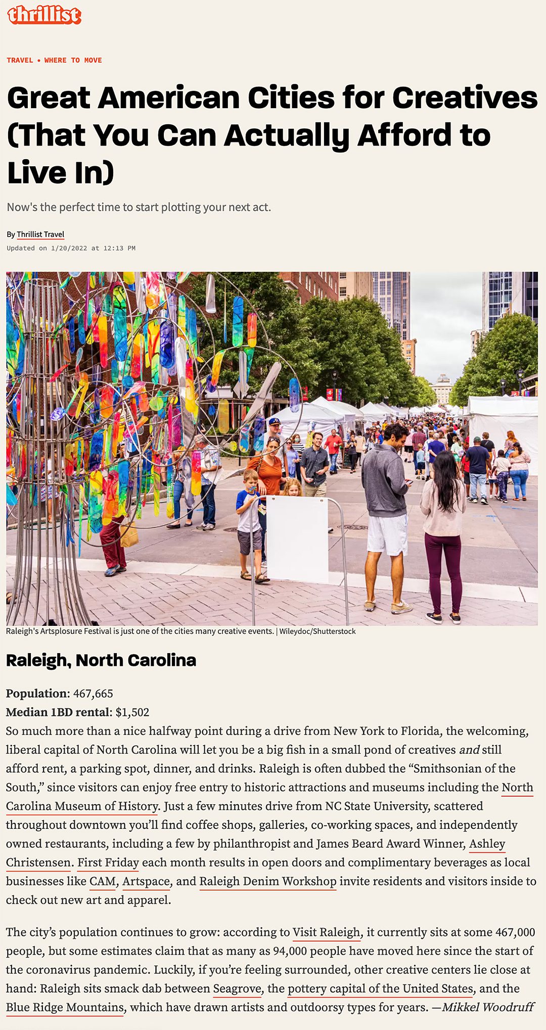 Thrillist article screen capture for the Best Cities for Creatives to live in.