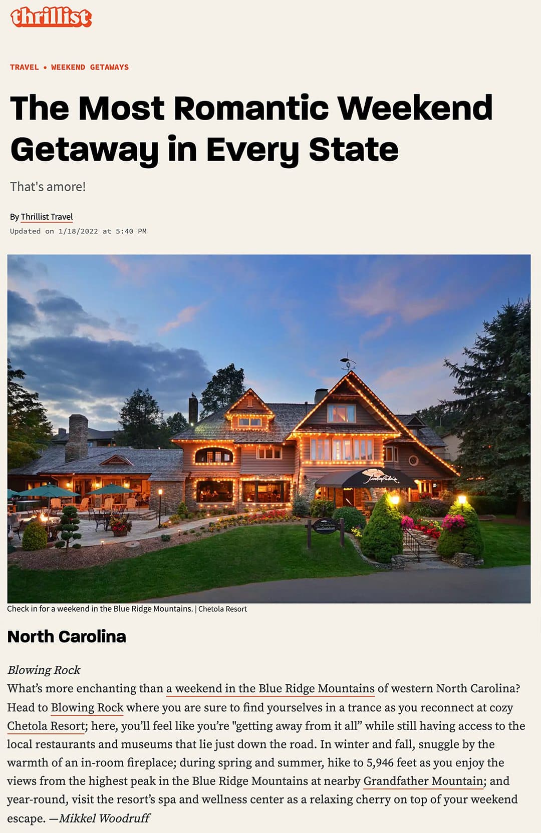 Thrillist article screen capture for the Most Romantic Weekend Getaways in Every State.