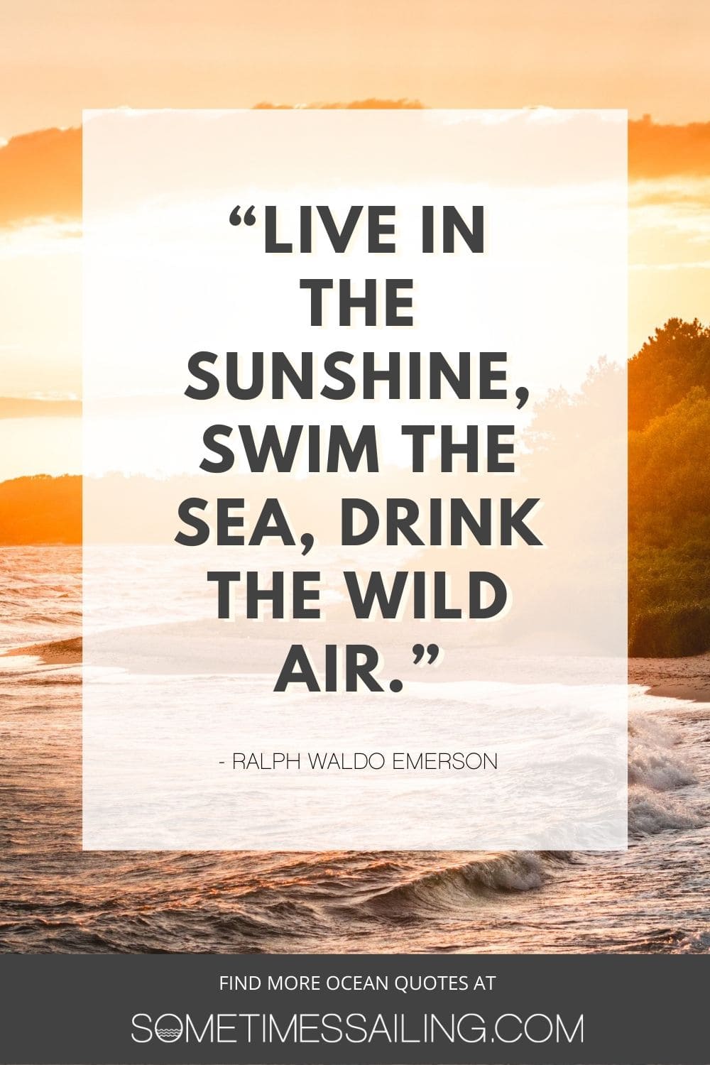 Inspirational ocean quote with a photo of a beach sunset during golden hour behind it.