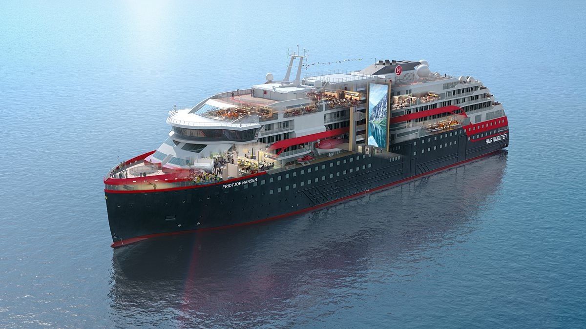 Rendering of the MS Fridtjof Nansen cruise ship in the water from Hurtigruten, a leader in cruise sustainability.