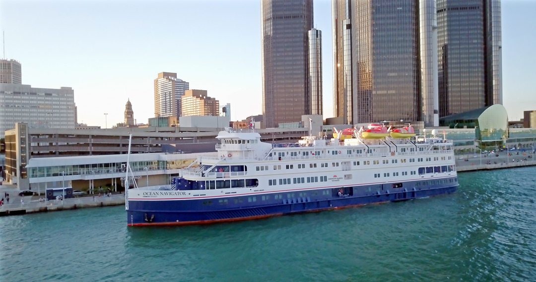 White American Queen Navigator cruise ship with a blue hull in the port of Detroit, Michigan during a Great Lakes Cruise.