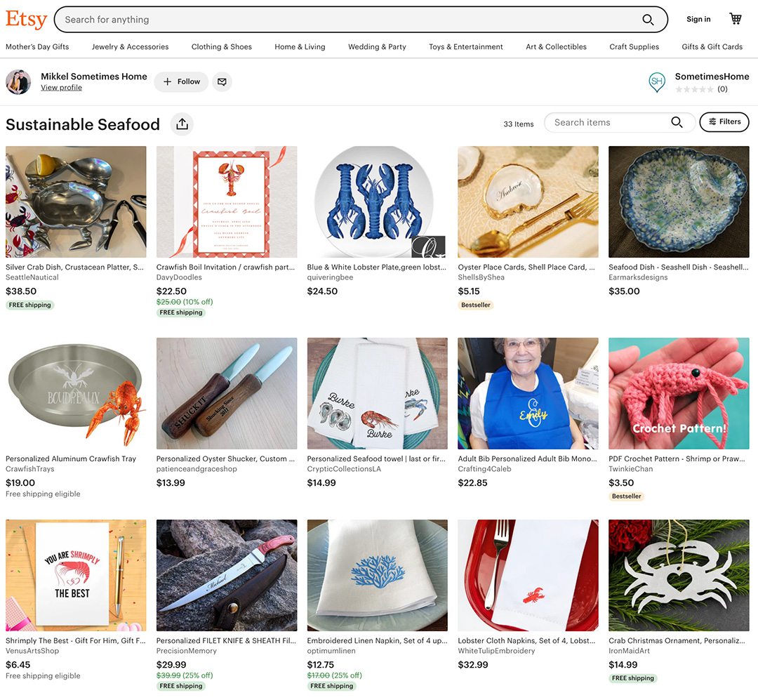 Etsy collection of sustainable seafood favorites screenshot.