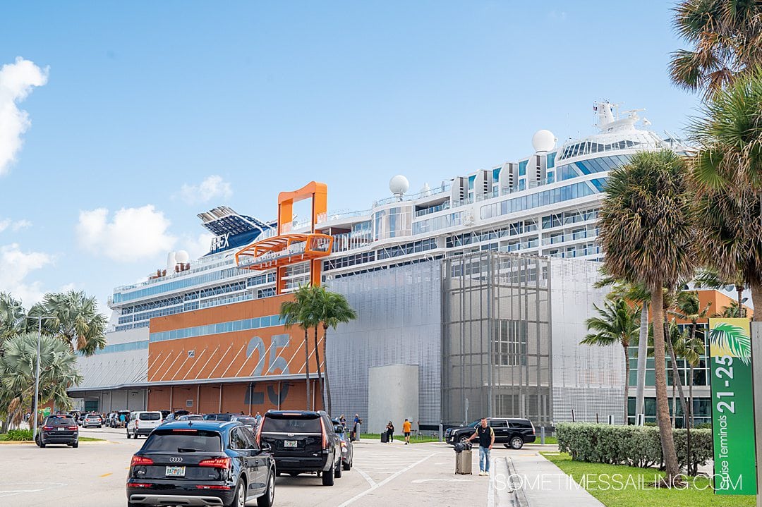 Cruise port in Fort Lauderdale with Celebrity Apex cruise ship in port and cars entering the driving area.