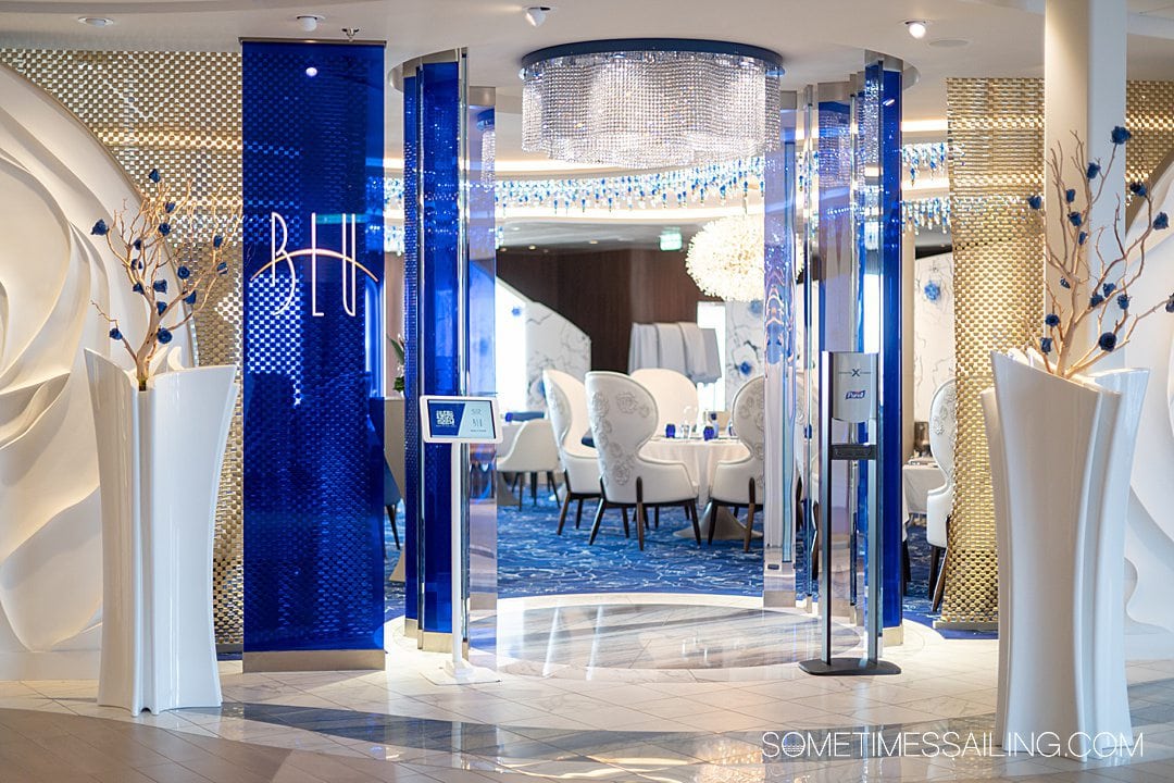 Blue glass and striking colors of Blu restaurant for AquaClass guests on Celebrity cruise ships.