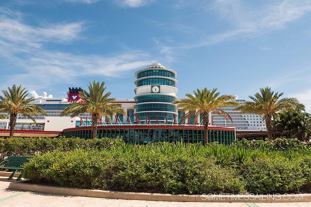 Exterior glass structure with Art Deco lettering at the Disney Cruise Line Port Canaveral terminal in Florida.