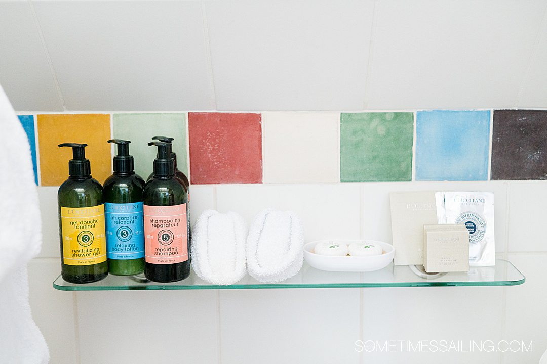 Bathroom products on a shell in a cabin on a luxury canal barge cruise in Europe.