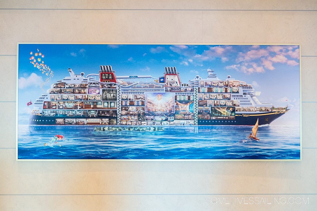 Disney Wish details in the art, like this painting of a cross section of the cruise ship.