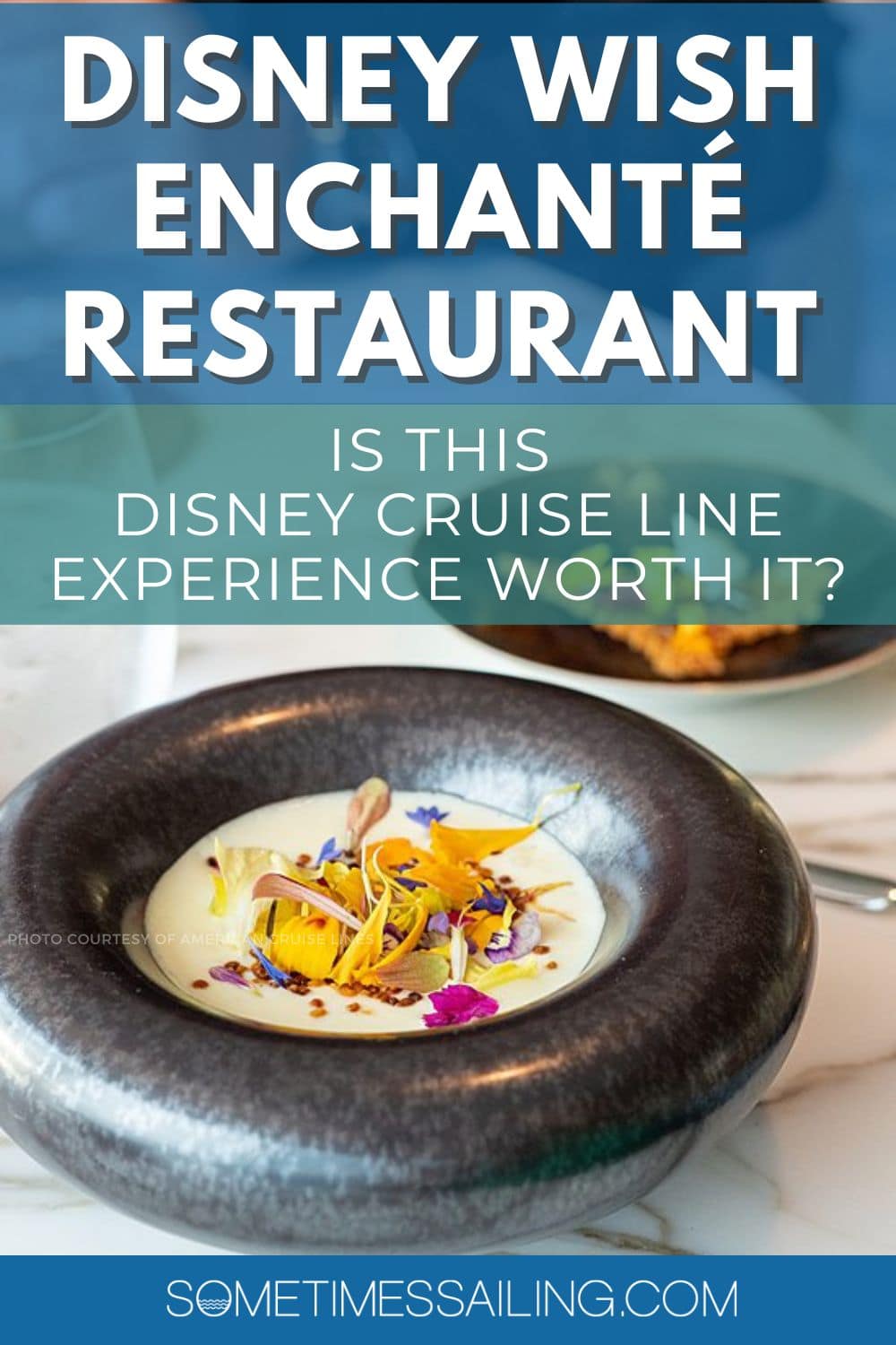 Disney Wish Enchanté Restaurant: Is this Disney Cruise Line Restaurant Worth it? A photo of a gourmet dish in a black bowl topped with flowers.