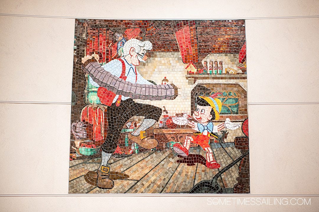 Mosaic of a scene from Pinocchio on Disney Wish.